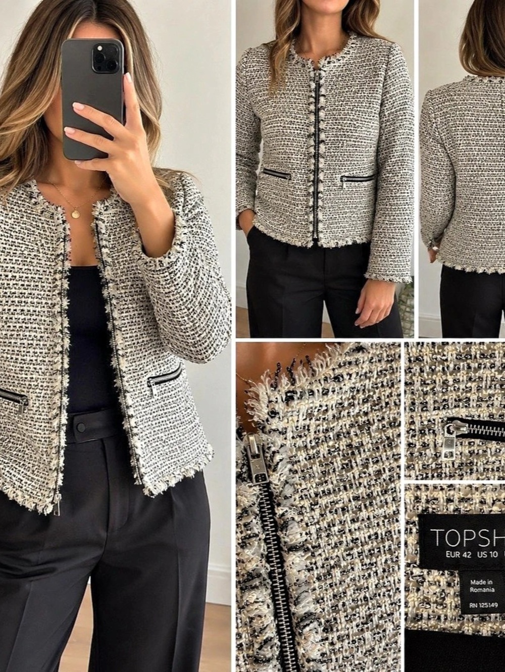 Topshop Bouclé Tweed Zip Jacket Women’s Size 10 Fringe Trim Chic Preppy